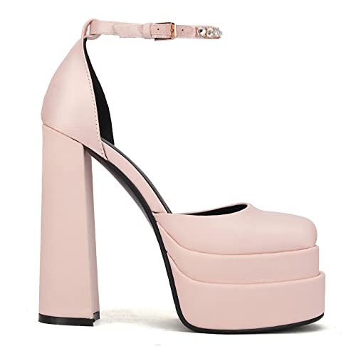 Image of THESHY Womens Platform Chunky High Block Heels Ankle Strap Buckles Wedge Dress Pumps Fashion Shoes for Women