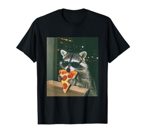 Drôle de Raton Laveur Mangeant Une Pizza avec des Lunettes de Soleil T-Shirt