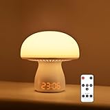 Lampe de chevet tactile pour chambre à coucher, veilleuse champignon avec heure et télécommande, lampe de table à intensité variable avec 3 couleurs de lumière, mode de détection sonore et 3