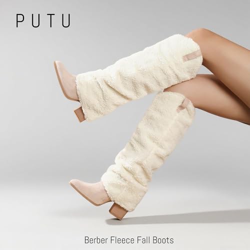 Putu Fold Over Boots for Women Knee High Cowboy Boots Chunky High Heel Tall Boots2