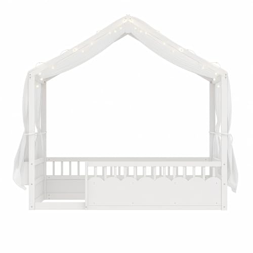 Image of Bellemave Twin House BedFrame with Canopy, Montessori House Bed with LED and Bookshelf and Rails for Kids, White