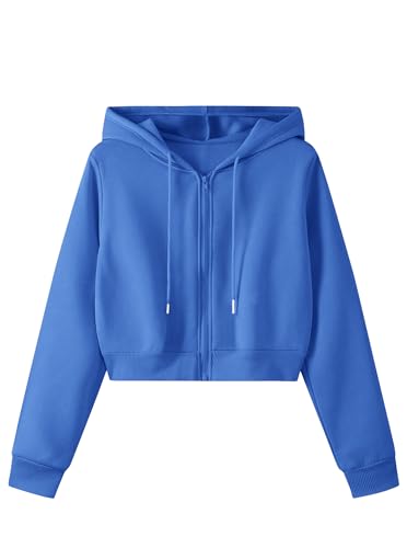 Remidoo Women's Zip Up Cropped Hoodie Crop Top Sweatshirt Drawstring Long Sleeve Jacket Blue Medium