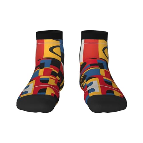 SSIMOO Composition In Red Yellow Blue And Black Print Sporty Straight Tube Socks For Running Enthusiasts,Breathable And Fashionable