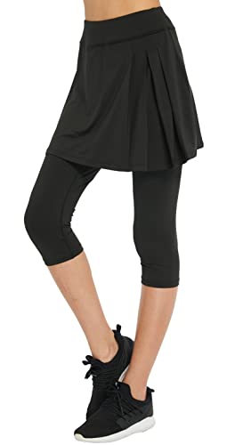 slimour Damen Rock Leggings Tennisrock mit Leggings Befestigte Capri Leggings mit Rock Plissee Golf Leggings, Plissee schwarz, Mittel Cover