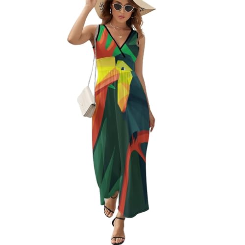Robe Maxi Col V Perroquet Géométrique Décontractée Chic et Fluide