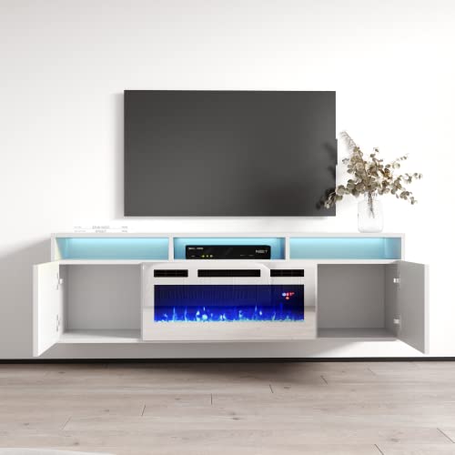 Meble Furniture Giza WH-EF 63'' Floating Fireplace TV Stand - Modern High Gloss TV Stand with Storage Cabinets - Central Entertainment Center Console Table for TVs up to 70" - White
