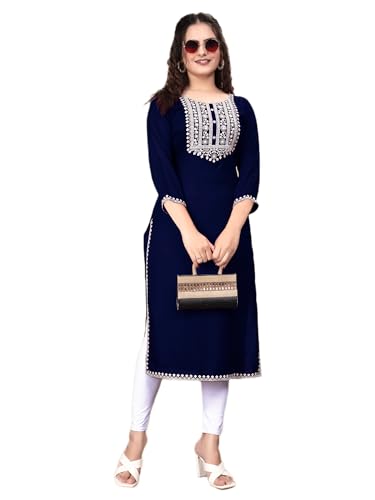 Image of Women Rayon Embroidered Kurti Three Quarter Sleeve Kurta for Women and Girls Embroidery Work Soft Rayon Fabric Comfortable