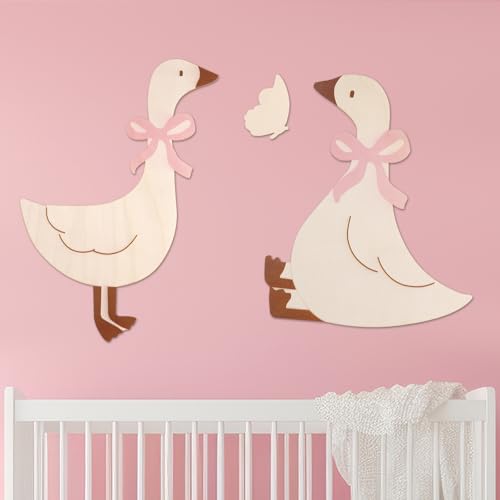 Image of BrightRow 3 Pcs Goose Nursery Decor Wooden Vintage Silly Goose Wall Art with Real Pink Bow Funny Animal Duck Wall Farmhouse Geese Poster for Party Baby Shower Birthday Nursery Room Decor