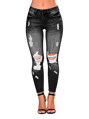 KUNMI Women's Ripped Skinny Slim Fit Jeans Frayed Distressed Stretchy Denim Pants4