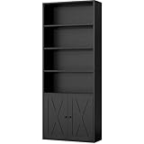 Shintenchi Bookshelf, Industrial Bookshelves and Bookcases with Doors Floor Standing 6 Shelf Display Storage Shelves 70.6 inches Tall Bookcase for Home Office, Living Room (Black)