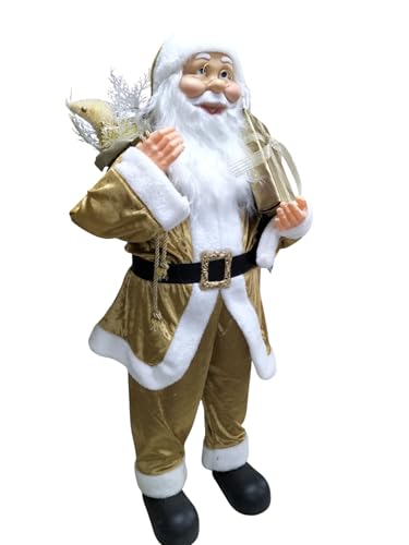 Babbo Natale Grande Statua in Piedi, 90 cm Figura Realistica di Babbo Natale con abito dorato e con Sacchetto dorato e pacco regalo, Decorato a Mano