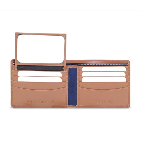 Image of Tommy Hilfiger Men's Leather Wallet Anapolis | Printed Tan Passcase Bi-Fold with 12 Card Slots, Coin Pocket | Stylish Purse for Gents