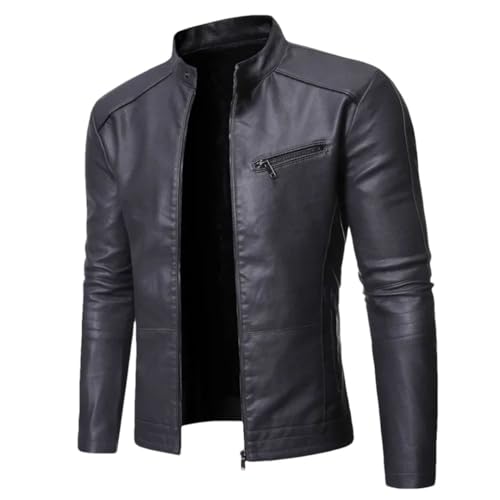 HEYDHSDC Chaqueta de motocicleta para hombre, cuello alto, chaqueta de piel sintética, Gris oscuro9, XXL