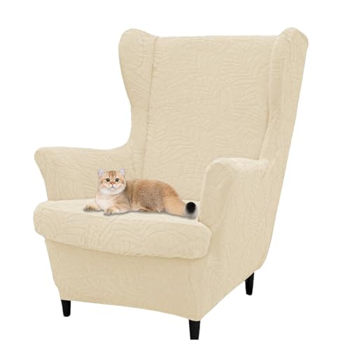 Stretch Ohrensesselhussen, 2-teiliges Set, Jacquard-Stoff, Flügelrückenstuhlhussen mit elastischer Unterseite, für Wohnzimmermöbel, Schutz, gebrochenes Weiß