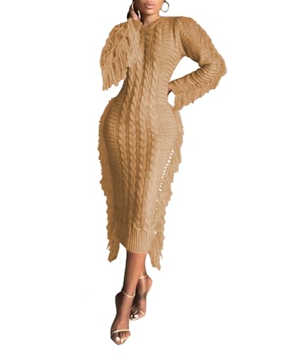 Sexyshine Women's Cable Knit Fringe Sweater Dress Long Sleeve