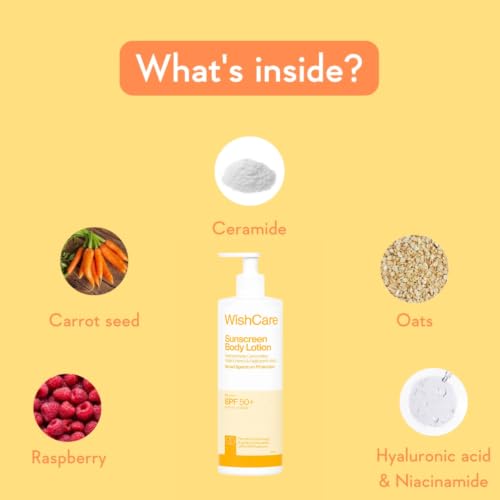 Image of WishCare Sunscreen Body Lotion with SPF 50 PA+++ In- Vivo Tested | Body Sunscreen With Broad Spectrum UVA & UVB Protection, No White Cast | With Carrot Seed & Raspberry | For All Skin Types | For Women & Men | 450ml