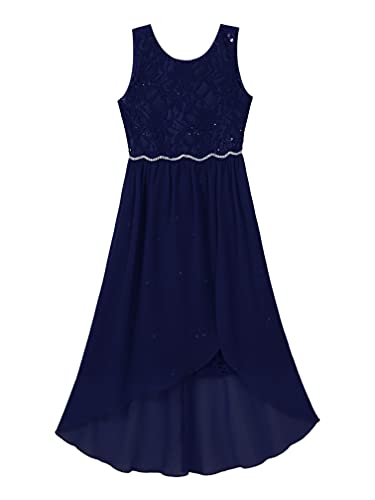 Kids Big Girls Sequin Irregular Flared Party Dress Sleeveless Lace Bodice Chiffon Junior Bridesmaid Dress3