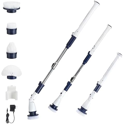 Casabella Power Spin Scrubber, Extendable to 47.5” – Cordless Electric Cleaner for Shower, Kitchen, Bathroom, Tile, Tub, Car, Deck - Rechargeable Spin Brush with Adjustable Brush Head & 4 Attachments Cover