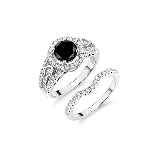 Gem Stone King 925 Sterling Silver Round Black Diamond and White Moissanite Wedding Engagement Ring Band Bridal Set For Women (1.84 Cttw, Available In Size 5, 6, 7, 8, 9)