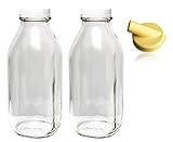 The Dairy Shoppe 1 Ltr. (33.8 oz.) Glass Milk Bottle Vintage Style with Cap & NEW Pour Spout! (2 Pack)