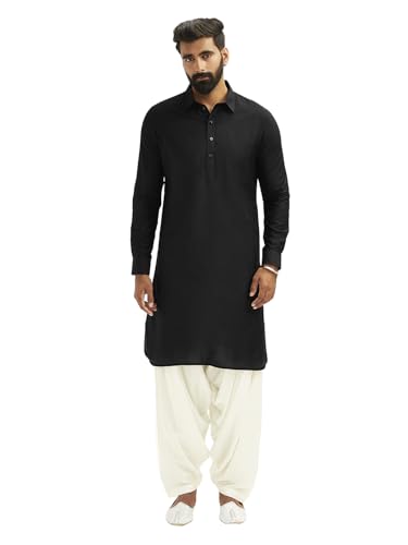 Image of VASTRAMAY Men's Black and White Viscose Pathani Kurta Set, Traditional Pathani Khan Suit Set in Viscose Fabric, and Salwar Patiala Pyjama for Weddings & Festival, Ethnic Outfit | Independence Day