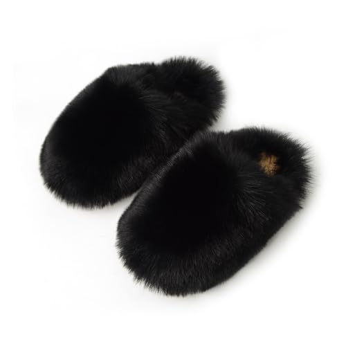 Womens Fluffy Faux Fur Slides Furry Soft Plush House Slippers Shoes Indoor Outdoor Slip On Slipper