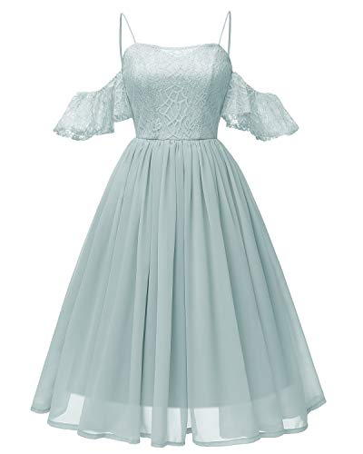 Bright Deer Robe Mi-Longue Cache-cur Cocktail Mariage Courte Soirée Demoiselle d'honneur Femme en Dentelle et Voile Légère Volantée Épaules Nues 44 XL Menthe