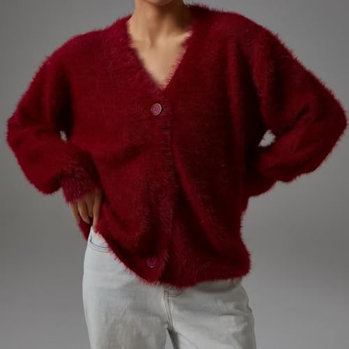 Image of chouyatou Women Furry Open Front Cardigan V-Neck Loose Casual Fluffy Knit Button Down Sweater Coat