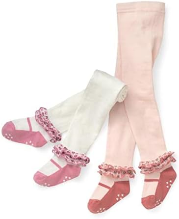 Whyme Pack of 2 Baby Girls Ballet Dance Tights, 1-5T Infant Toddler Floral Non-skid Leggings, Little Girl Cotton Long Stockings Pants (3-5T, White)