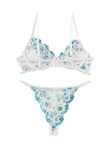 Image of Lilosy Sexy Floral Embroidered Mesh Sheer Underwire Lingerie Set