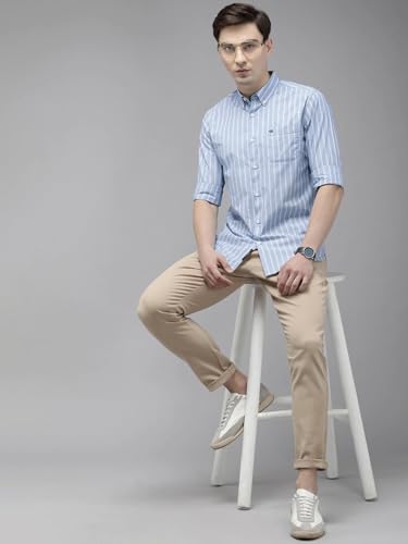 Image of THE BEAR HOUSE Men Cotton Blue Striped Slim Fit Casual Shirt