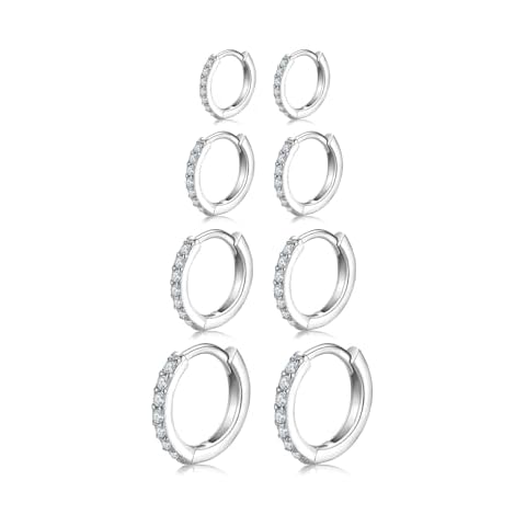 4 Pairs 925 Sterling Silver Small Hoop Earrings, 14K White Gold Plated Cubic Zirconia Huggie Earrings, Ear Cuff Tiny Cartilage Hoop Earrings for Women Men 6mm 8mm 10mm 12mm Cover