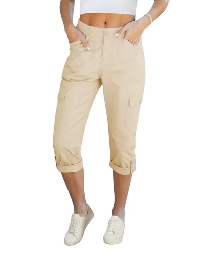 LookbookStore Capri Pants for Women High Waisted Cargo Casual Elastic Waist Rolled Hem Summer with Pockets Beige Utility Cropped high Waisted Trousers Women