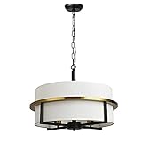Baiwaiz Modern Dining Room Drum Chandelier with White Fabric Lamp Shade, Black and Gold Metal Round...