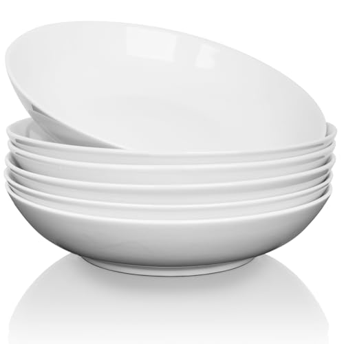 ALLUSEIT Piatti Pasta Ceramica, 23cm Grande Ciotole per Pasta Set di 6, Insalatiere, Piatto Profondo, Piatti Portata Porcellana Ossea, Adatto al Microonde, Lavabile in Lavastoviglie, Bianca
