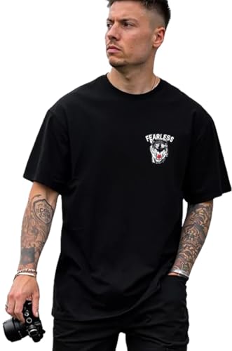 Image of LEOTUDE Men's Oversized Cottonblend Round Neck Half Sleeve Back Printed Drop Shoulder Tshirt(Color : Navy)