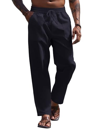 COOFANDY Beach Pants for Men Lightweight Drawstring Casual Linen Pants Elastic Waist Beach Yoga Pants Navy Blue