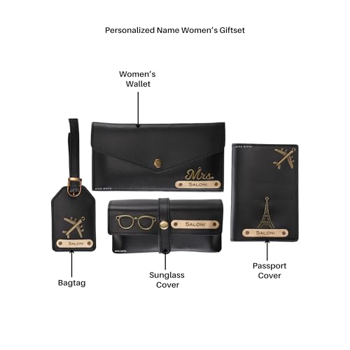 Image of AICA Personalized Name & Charm Passport Cover Combo Giftset for Women (Black) |Customized Diwali Valentine Gifts for Woman Friends Family Office Colleagues Employees | Occasion Special Hampers