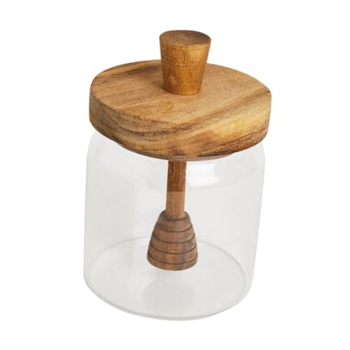 KICHOUSE Clear Glass Honey Pot with Wooden Dipper Honey Dispenser Stylish Kitchen Storage Jar for Syrup Lightweight and Compact Design present for Home Decor