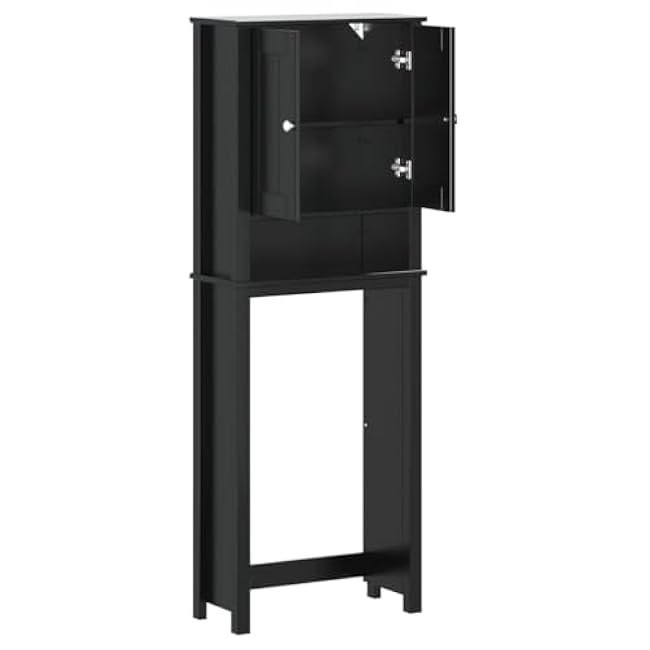 Over-The-Toilet Storage Cabinet, Black Solid Pine Wood Bathroom Organizer, Modern Freestanding Furniture Unit with Doors