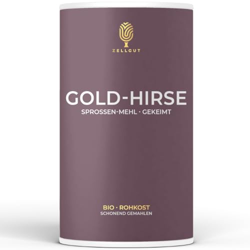 ZELLGUT© Bio Gold HIRSE Sprossen-Mehl 250g • GEKEIMT • Basisch • 100% ROHKOST-QUALITÄT • GLUTENFREI • GEMAHLEN • Aus EU-Bio-Landwirtschaft als MEHL zum BACKEN von Brot, zum kochen, MÜSLI, Smoothie
