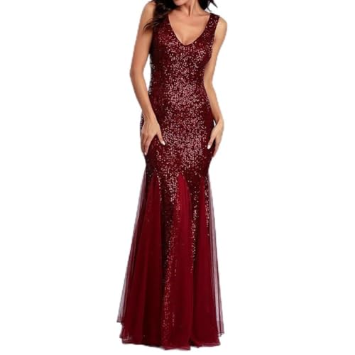 Robe fluide en queue de poisson pailletée décolleté maille sans manches