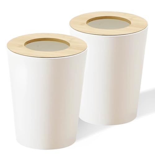 Image of White Trash Can for Bedroom with Bamboo Lid, 2.4 Gallon Open Top Trash Can 2 Pack, Modern Aesthetic Garbage Can for Room Office Living Room, Small Bathroom Trash Bin Boho Style