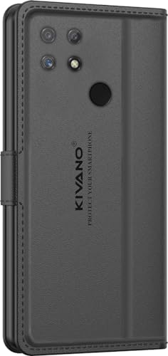 Image of KIVANO LUXE Compatible for Realme Narzo 50A Luxury Handmade Leather Magnetic Flip Folio Case | Card Holder & Kickstand | Slim Protective Cover | Unisex - Black
