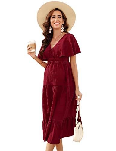 YesFashion Vestido de maternidad para mujer, vestido de maternidad, cuello en V, vestido largo de verano, informal, vestido de lactancia con volantes, rojo, L