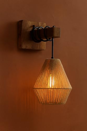 Image of AKWAY Rattan wall Lamps for Living Room | Bamboo wall Lights for Bedroom | Cane wall scones for Home Decoration (Bulb Not Included) (Raffia Bell Shaped)