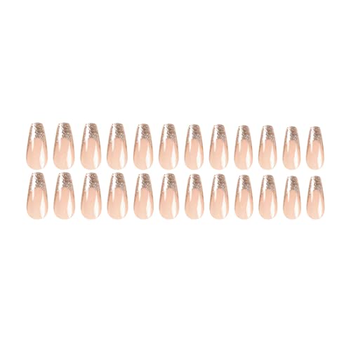 24 Pcs Nude Pink Press On Nails Long Fake Nails Ballet French False Nails With Glue Gold Glitter Glue On Nails Artificial Acrylic Nails Square Stick On Nails For Women Girls #TOP4