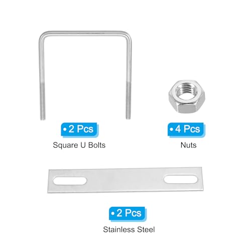 Image of PATIKIL M8x100x100mm Square U-Bolts Kit, 2Set 304 Stainless Steel Square U Shaped Bolts Replacement Parts with Frame Plates and Nuts for Ski Board Sailboat Trailer