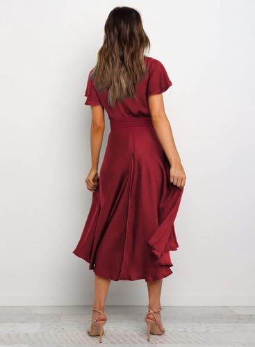 Image of miduo Womens Satin V Neck Ruffle Short Sleeve Tie Front High Waist Midi A-Line Maxi Dresses