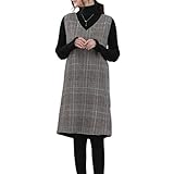 [Religeuses] レイヤード タイト ワンピース チェック柄 ジャンパースカート レディース ノースリーブ Vネック ロング ニット (XL, ミディアム)